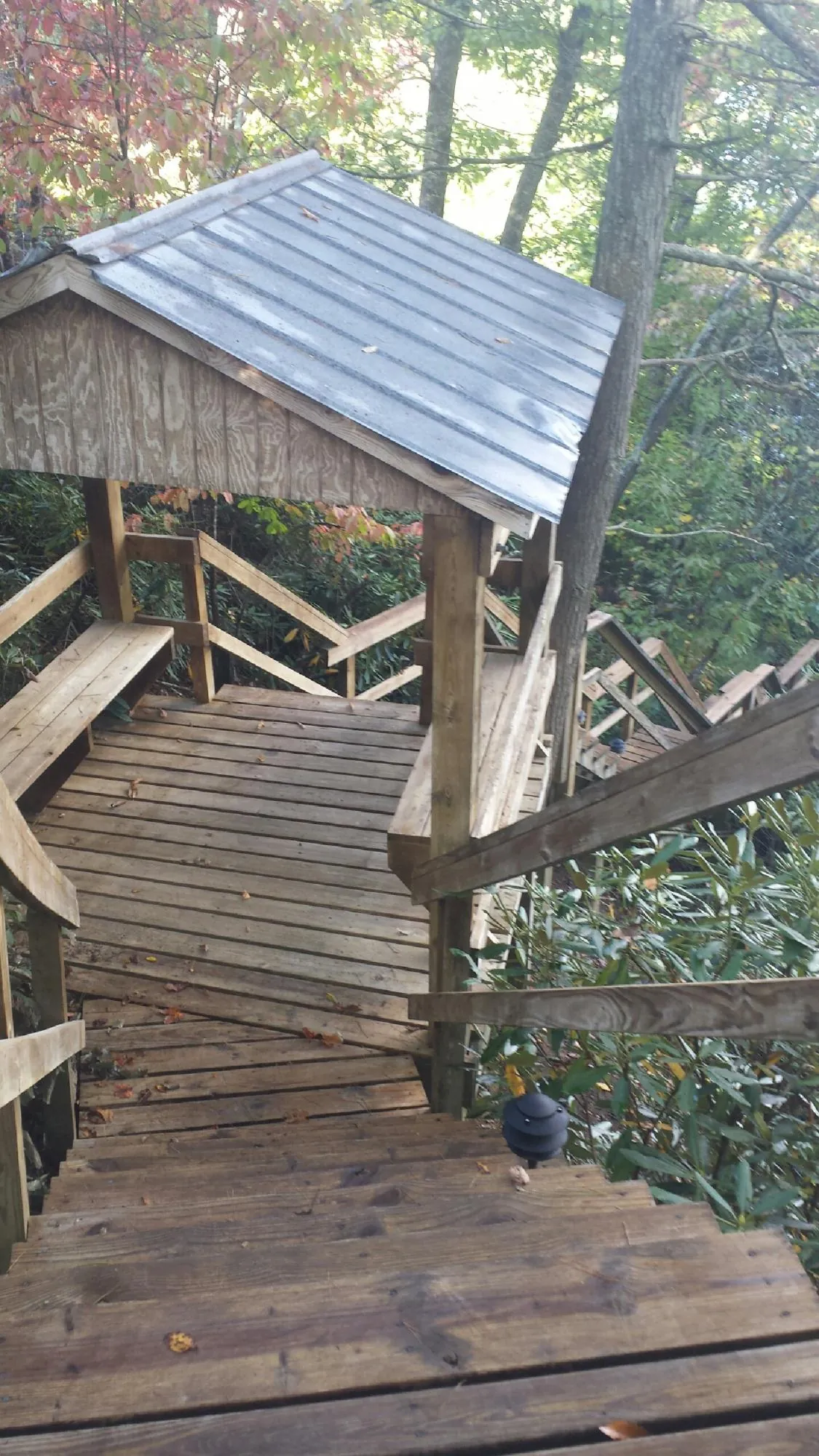 Metal roofed shelter over wooden steps on a wooded walkway — Skylight Repair & Installation work by our crew in Belden